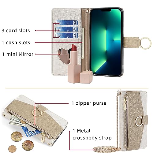 Arseaiy Wallet Case for iPhone 11 Pro MAX Flip Phone Case Cover with Crossbody Strap Magnetic Zipper Pocket Makeup Mirror PU Leather Shockproof with Kickstand Shell White
