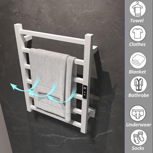 Smart Heated Towel Rack – Black Stainless Steel Wall-Mounted Plug-in Dryer with Timer – Efficient Bathroom Heating & Drying Solution, Space-Saving Design & Right-Wire Layout