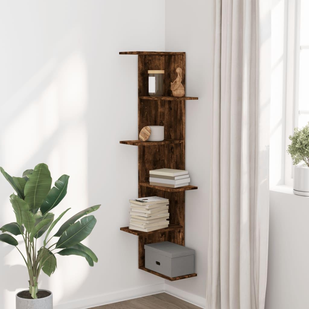 Wand-Eckregal Räuchereiche aus Holzwerkstoff 36,5x36,5x140 cm platzsparendes Regal mit Wandhalterung für Wohnzimmer Schlafzimmer Büro zur stilvollen Aufbewahrung und Dekoration