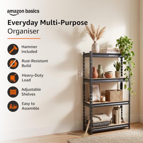 Image of Amazon Basics 4-Tier Storage Rack | Bolt-Free Assembly | Metal Stand & Thick MDF Board | 175kg Capacity Per Shelf | 54H x 24W x 12D inch Adjustable Shelf Rack for Home, Garage & Shop | Black