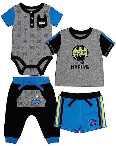 Image of BATMAN Baby Boys 4-Piece Clothing Set | Onepiece Bodysuit, Drawstring Shorts, T-Shirt, Jogging Pants