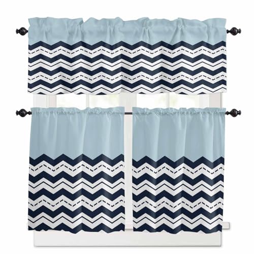 Black Chevron Kitchen Curtains 24 Inch Length, 3 Piece Rod Pocket Small Half Tiers and Valance Set, Geometric Blue White Sea Wavy Striped Small Large Window Treatment Decor for Bedroom/Bathroom Sink