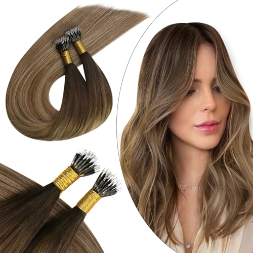 Ugeat Nano Link Bead Hair Extensions Human Hair Nano Extensions Dark Brown Mix Golden Blonde Nano Human Hair Extensions for Short Hair 14 inch #4/10/16 50 Grams