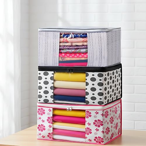 Image of Non-Woven Wardrobe Storage Bags | Clothes Organizer Set with Zipper | 3 Pcs (Black & Red Grey check Pattern)