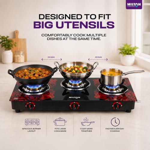 Image of MILTON Premium Red Manual Ignition Glass Top Gas Stove,1-Year Manufacturer's Warranty (ISI Certified) (3 Burner)