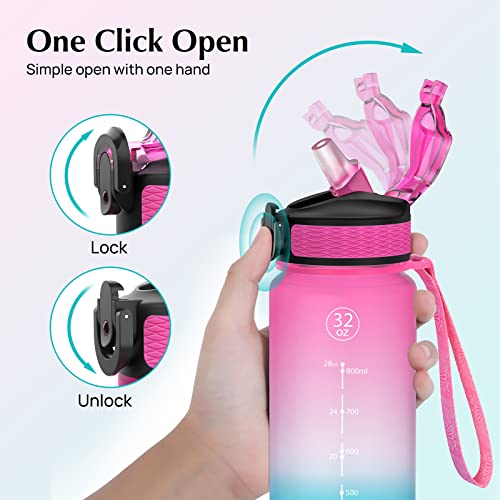 EYQ 32 oz Water Bottle with Time Marker, Carry Strap, Leak-Proof Tritan BPA-Free, Ensure You Drink Enough Water for Fitness, Gym, Camping, Outdoor Sports (Fuschia/Green Gradient) - Thumbnail 4