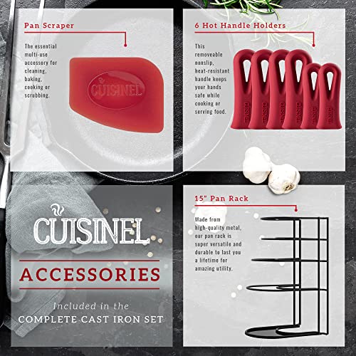 Image of Cuisinel Cast Iron Cookware 18-Piece Set - Pre-Seasoned 6 inch + 8 inch + 10 inch + 12 inch Skillet + Grill Pan+Lid + Griddle + Pizza Pan + Dutch Oven+Pan Cover + Panrack + Silicone Handle Grips + Pan Scraper /Cleaner