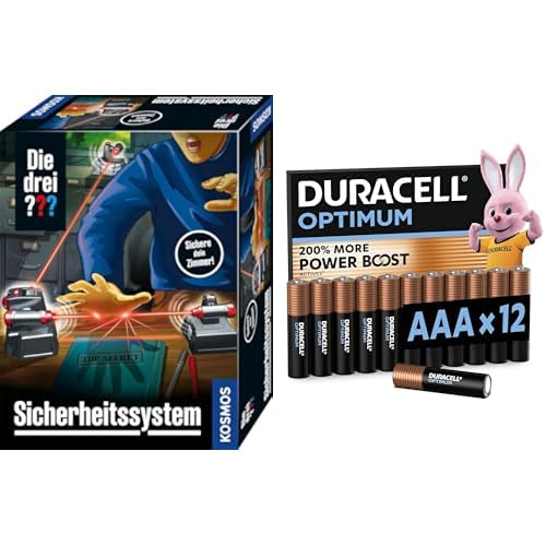 Die drei ??? Sicherheitssystem, LED-Alarmanlage, 8+ Jahre, & Duracell Optimum AAA 12 Stück, Power Boost