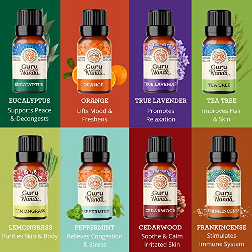 Gurunanda Halo Diffuser Kit - Halo Xl Humidifier And Set Of 8 Essential Oils - Lavender, Peppermint, Eucalyptus, Orange, Lemongrass, Cedarwood, Tea Tree & Frankincense (15 Ml X 8) #TOP1