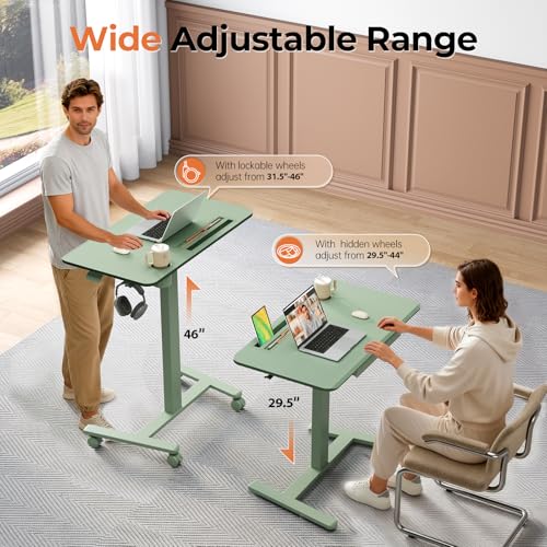 Image of Mobile Standing Desk with Drawer, 35 inch Small Standing Desk with Cup Holder, Rolling Laptop Cart on Wheels, Height Adjustable Table with Storage for Home Office, Sage Green