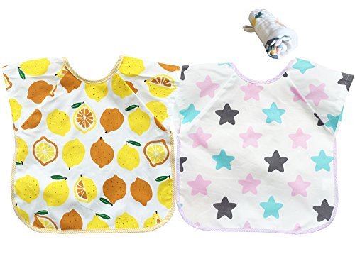 Babylaza - Babero de manga impermeable para bebé, juego de 2, unisex, impermeable, con mangas para bebé, ideal para jugar y jugar a la humedad, para bebés de 6 a 24 meses Yellow + pink