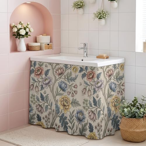 Kitchen Cabinet Curtains Vintage Garden Flower Sink Skirt for Bathroom Rustic Floral Leaf Pastoral Beige Dishwasher Curtain Cover Under Desk Curtain Skirt Drape for Classroom Laundry Closet 28"x35" - Image 8