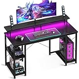 ODK 48 inch Gaming Desk with LED Lights & Power Outlets, Computer Desk with Monitor Stand & Storage Sheves, CPU Stand, Home Office Desk, Black