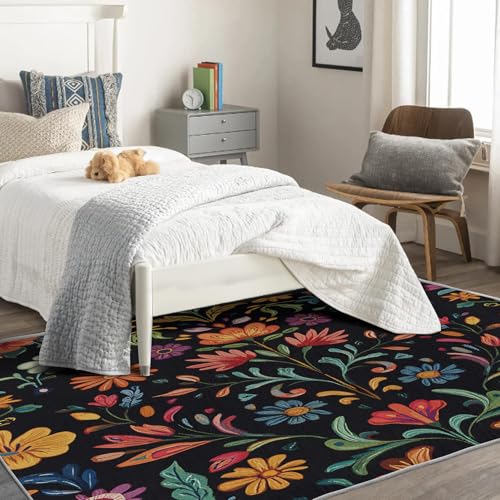 Tapete decorativo floral boho lavable 7x8 negro miniatura 3