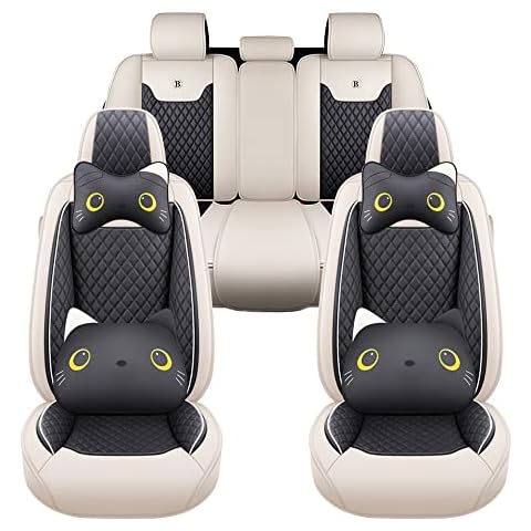 rasiarpio Car Seat Covers For FJ Cruiser Tundra Land Cruiser Sequoia Full Set Cushions With Headrest White-Black PU Leather Front Rear Seat Protection 5Seat Cover MH31 Type Waterproof Easy Fit Cover