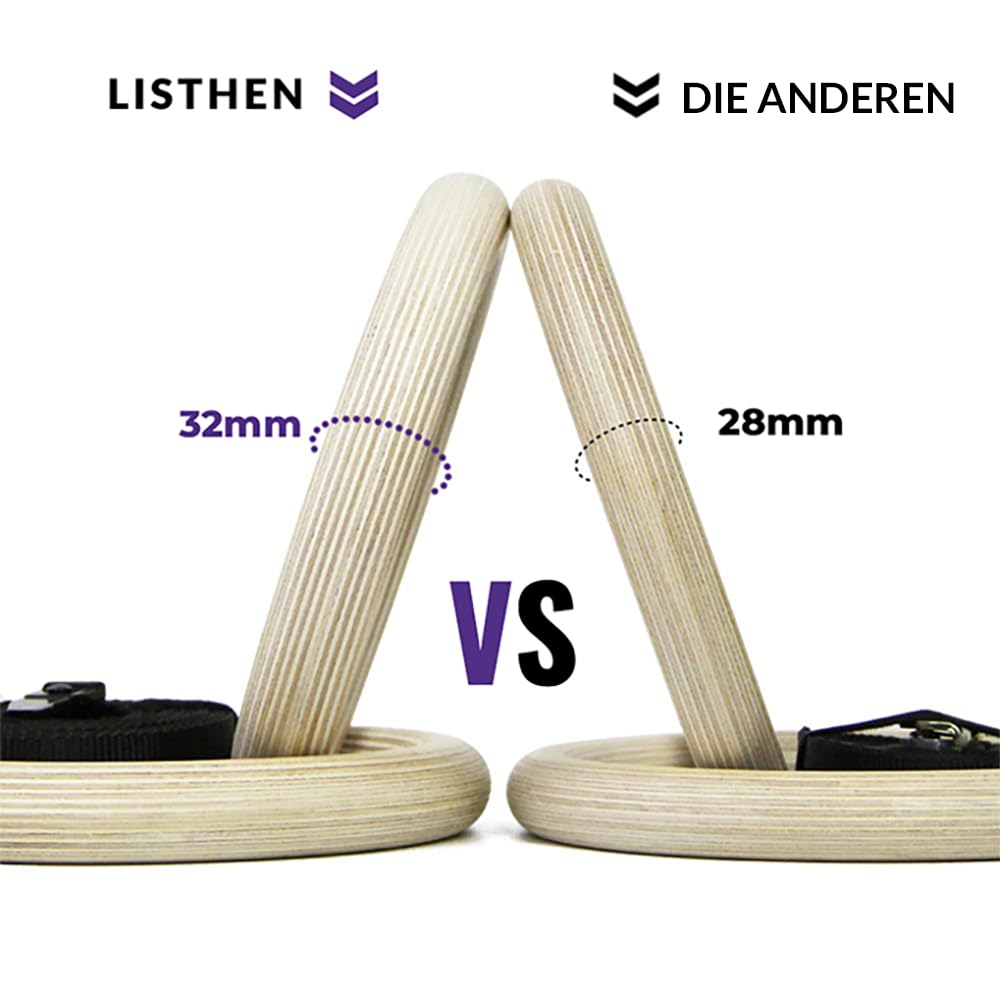 Gymnastikringe für Suspension-Training, Ringe Turnen Holz für zu Hause und im Freien, Dips-Klimmzüge, Freikörpertraining, Gymnastik, Stärke 32 mm, verstellbare Träger