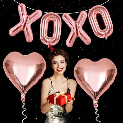 Image of Rose Gold XOXO Heart Balloons 6 Pcs Valentines Day Balloons Heart Shaped Balloon XOXO Foil Balloon Letters for Girls Women Anniversary Sweet Valentine Day Romantic Decor Special Night Party