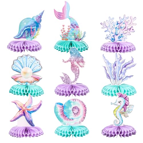 Juego de decoración de fiesta de sirena: nuestra colección de 9 piezas incluye encantadores diseños como sirenas, medusas, estrellas de mar, corales, conchas y perlas, y ofrece opciones versátiles