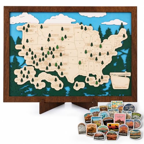 Wooden US National Parks Map Travel Tracker, 16.5x11 National Park Checklist Board with Stand &...
