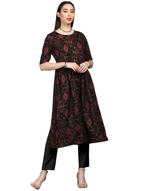 Image of Vaamsi Women's Geometric Printed Flared Kurta (VCK1371A Black)
