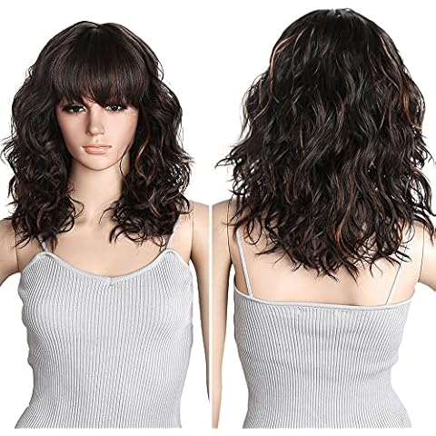 Amir Hair Wavy Wig with Bangs for Women Curly Short Highlight Wigs Synthetic Bob Brown Wig with Bangs for Black Women Shoulder Length 14 Inch for Daily Using party Natural Looking Cover