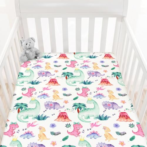 Image of HawSkgFub Watercolor Pink Purple Dinosaur Fitted Standard Crib Sheet for Baby Girl, Tropical Dino Lover Toddler Mattress Cover, Soft Breathable Stretchy Nursery Bed Sheets Decor Kids Gift 52" x 28"