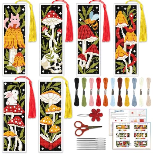 Image of ACRNIGHEET 6PCS Cross Stitch Bookmark Kit for Beginner Stamped Cross Stitch Kits for Adults Mushroom DIY Tassel Embroidery Bookmark Kits Needlepoint Kit with Instructions Craft Gift 8.5''x3'' 11CT