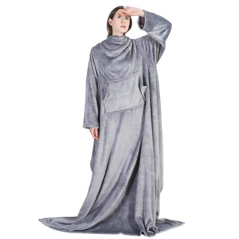BEDSURE Decke mit Ärmeln Kuscheldecke - Weihnachten Geschenke für Frauen und Männer, Warm Ärmeldecke & Sofadecke für Erwachsene, Flauschige Ganzkörperdecke zum anziehen, Tragbare Decke, 150x200cm,Grau