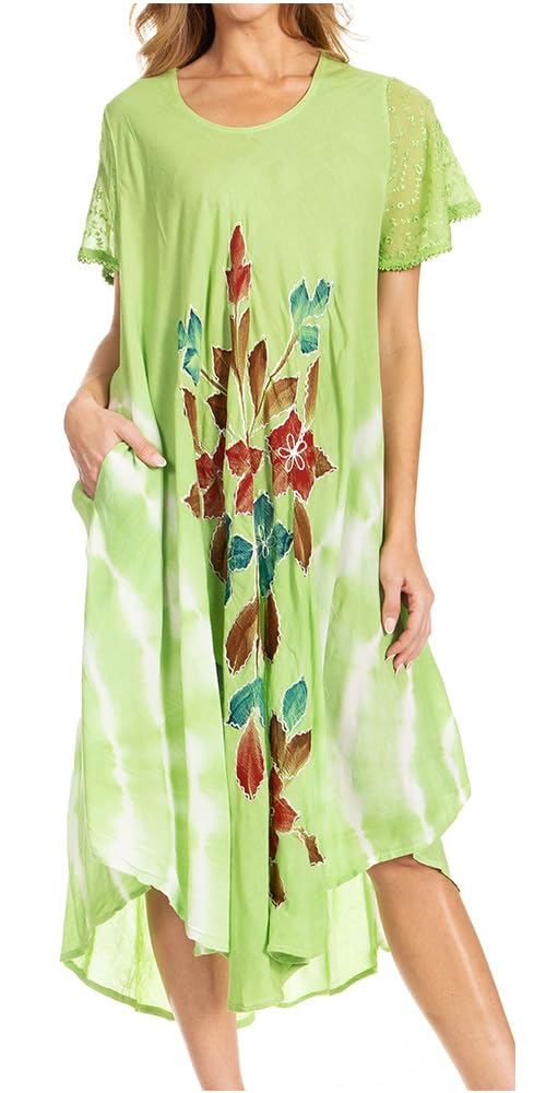 Sakkas Embroidered Flowers Painted Cap Sleeves Rayonne Dress