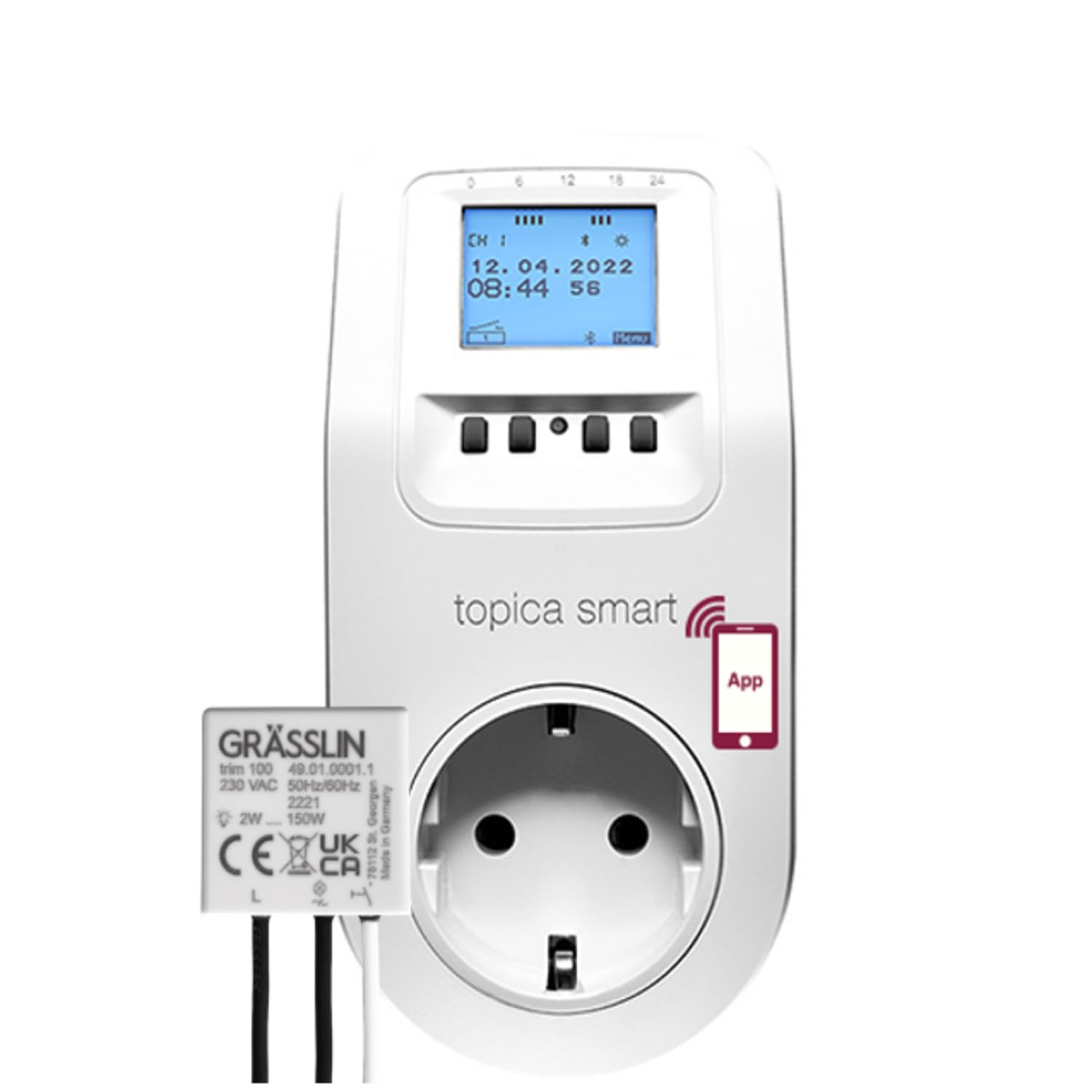13.13.0055.1 topica smart Schuko-Zeitschaltuhr + Trim 100 Dimmer | Steckdosen-Zwischenstecker + Unterputz-Montage, Bluetooth/App, Astroprogramm, Memoryfunktion, automatische Lasterkennung, Set