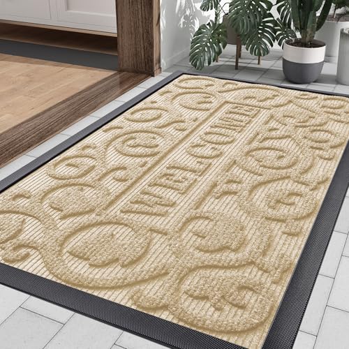Image of Smiry Welcome Door Mat Outside Entrance, Heavy Duty Trap Dirt and Moisture Easy Clean Low Profile Patio Porch Indoor Outdoor Front Doormat for Entry, 35x23 Inch, Beige
