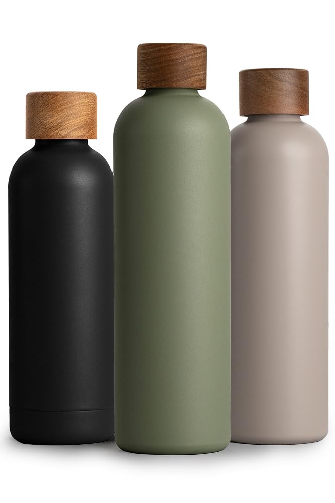 T&N Borraccia in acciaio inox, 1 litro, thermos da 1 l, con coperchio in legno di acacia, isolata, a prova di perdite in caso di anidride carbonica, thermos da 1000 ml, verde oliva