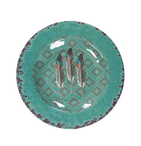 Image of Paseo Road Tossed Feather 14 Piece Melamine Plastic Western Dinnerware Set, Orange Tan Brown Teal Aztec Tribal Print, Southwestern Rustic Dish Set with Plates, Bowls, Serving Dish