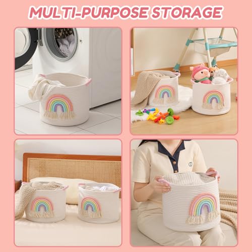 Aufbewahrungskörb für Spielzeug, Korb Kinderzimmer Aufbewahrungskorb Wickeltisch Organizer Gewebtem Baumwollseil mit Regenbogen-Dekor für Mädchen, Babyzimmer Spielzeug-Organizer, Regal Bad Organizer