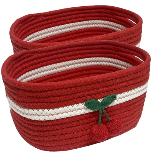 Image of SHIANCE&LI Small Woven Basket Cute Cotton Rope with Handles Gift Oval for Storage Baby Dog Toy Room Basket 12 inchx 8 inch x 5 inch Decorative Basket(Cherry,Set)