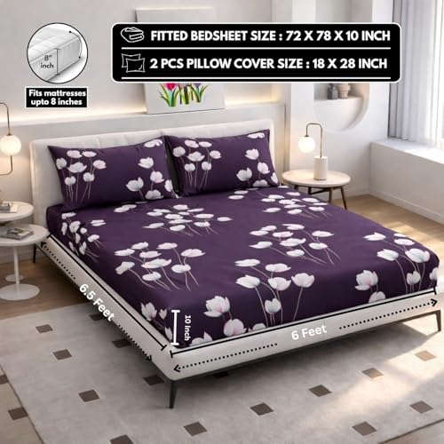 Image of Elastic Fitted King Size Bedsheet Cotton for Double Bed | 72 inchx78 inch +10 Inch, Floral, Soft & Breathable, Fade & Shrink Resistant, 2 Pillow Covers | Plum Tulip Glow, Plum Purple