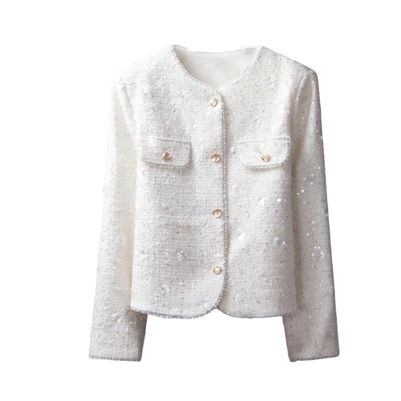 Veste en tweed bleu clair pailletée : finitions haute couture pour femme exigeante