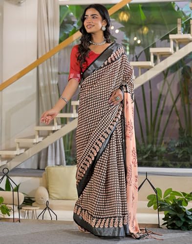 Image of SIRIL Women's Printed Cotton Saree with Unstitched Blouse Piece
