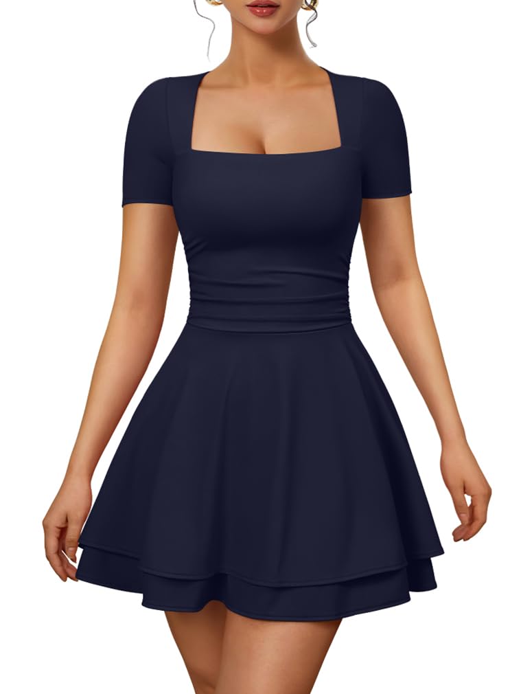 XXTAXN Womens Sexy Square Neck Short Sleeve Flowy Club Mini Dress