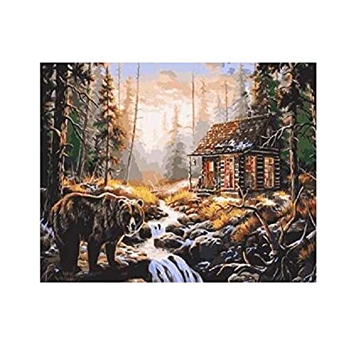 Wooden Jigsaw Puzzle 500 Piece For Adults 3D Classic Puzzle Mountain Cabin With Bear Landscape Diy Educational Puzzle Home Decor Unique Gift-53X38Cm