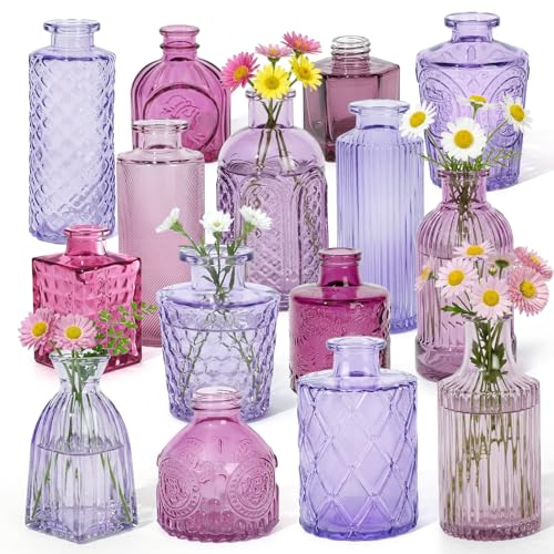 Set of 15 Purple Colored Glass Bud Vases - Small Textured Flower Vases for Centerpieces Wedding Table Decor Retro Home Decor Bulk Vase Set for DIY Events & Gifts