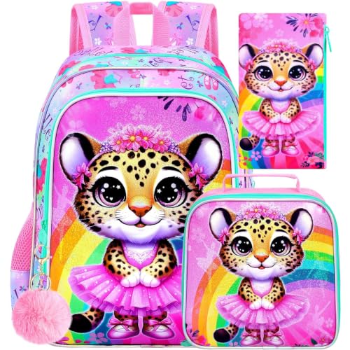 Image of CCJPX 3PCS Ballet Backpack for Girls, 16 Inch Kids Leopard Water Resistant Preschool Bookbags, Cute Elementary Kindergarten School Backpacks and Lunch Box