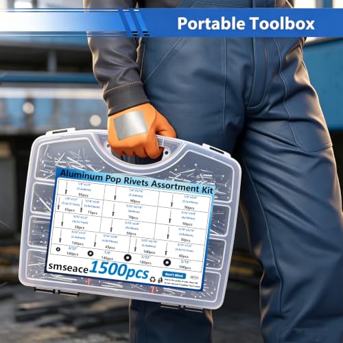 Image of smseace 1500Pcs Black Pop Rivets Kit with Washers in Handheld Box, 14-Size SAE Blind Rivet Assortment 3 /32,1 /8,5 /32,3 /16 Inch, Metal Blind Rivets for Furniture Automotive Instruments Repair