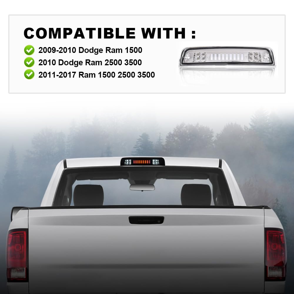 CHEDA Third Brake Light Cargo Lamp Tinted 3D LED Bar Compatible with 2009 2010 2011 2012 2013 2014 2015 2016 2017 Dodge RAM 1500 2500 3500?Clear lens Clear Bottoms?