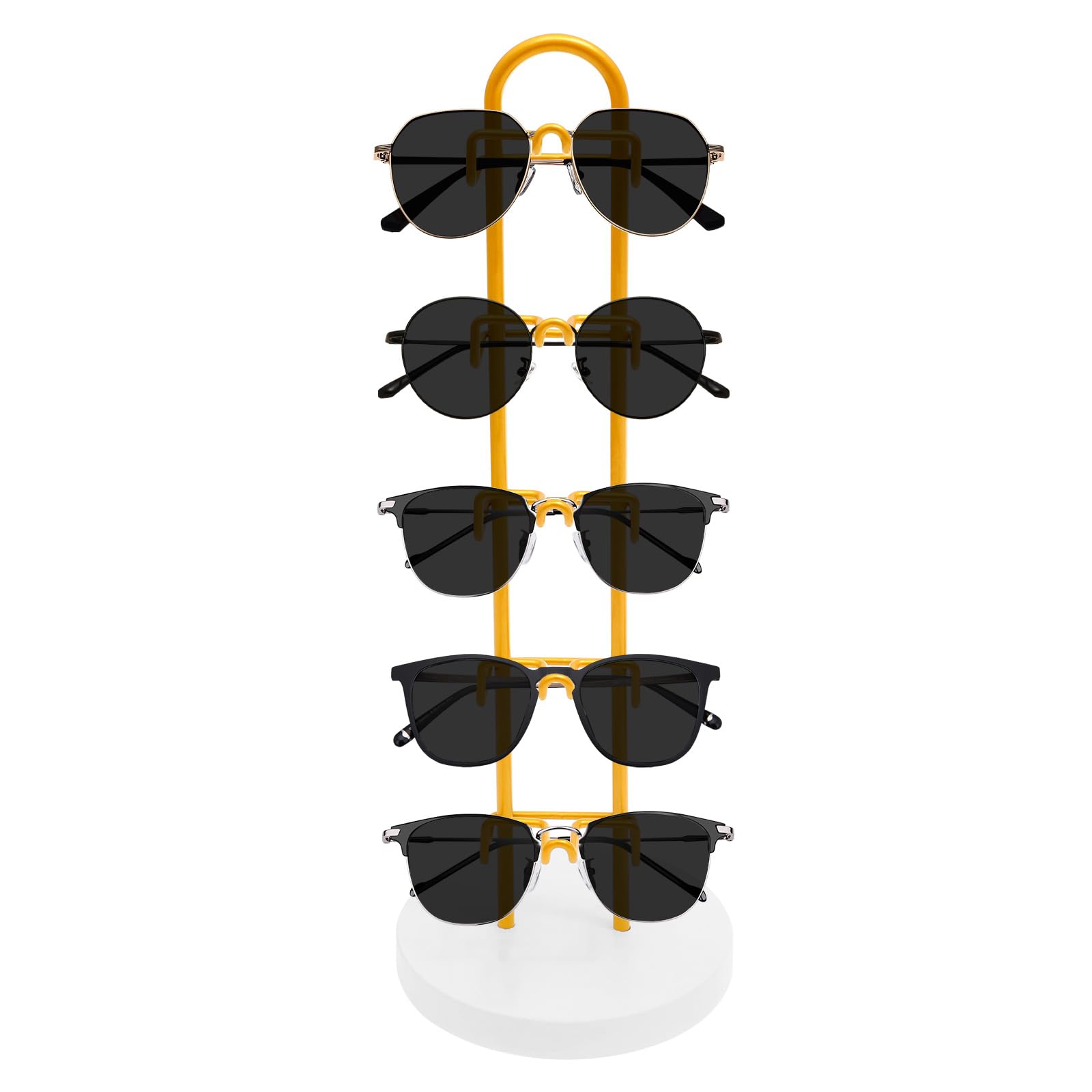 BOBASH 5-Tier Sunglasses Organizer Glasses Holder Stand, 33cm Height Metal Frame Eyewear Display Holder Rack, 11x1.5cm Round Base Tabletop Storage for 5 Pairs of Glasses Eyeglasses(golden)