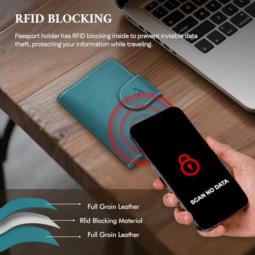 Image of ALLIVE Rfid Passport Holder for Travel Women & Men, Passport Cover Wallet with AirTag Hidden, Genuine Leather Passport Holder Essential for Business Travel, Airport Security (Lake Blue)