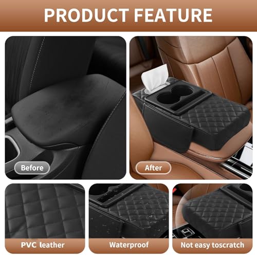 Image of 5-in-1 Car Armrest Cushion, Multifunctional Faux Leather Center Console Armrest Pillow Elbow, Universal Arm Box Pad Cover with Cup Holder, Phone Slot, Tissue Box Slot & 2 Storage Bags, Black