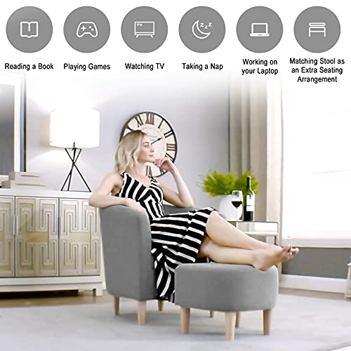Dazone Accent Chair With Ottoman, Mid Century Modern Barrel Comfy Fabric Armchair And Footrest Set, Upholstered Club Tub Round Arms Chair For Living Room Bedroom Reading Room, Grey #TOP6
