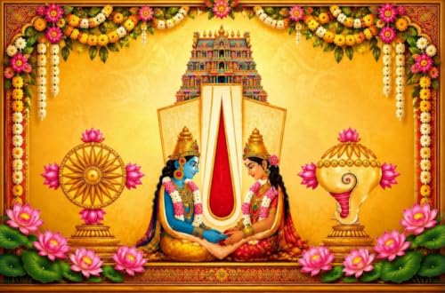 Image of venkateshwara Swamy backdropss Cloth | Venkateswara & Goddess Lakshmi Wedding Backdrop with Shankha, Chakra, and Pink Lotuses 8x8 Feet | varalakshmi Pooja Backdrop Cloth