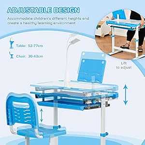 Qaba Kids Desk and Chair Set School Study Desk with USB Light Storage Drawer for Writing Activities Arts or Crafts Blue and White